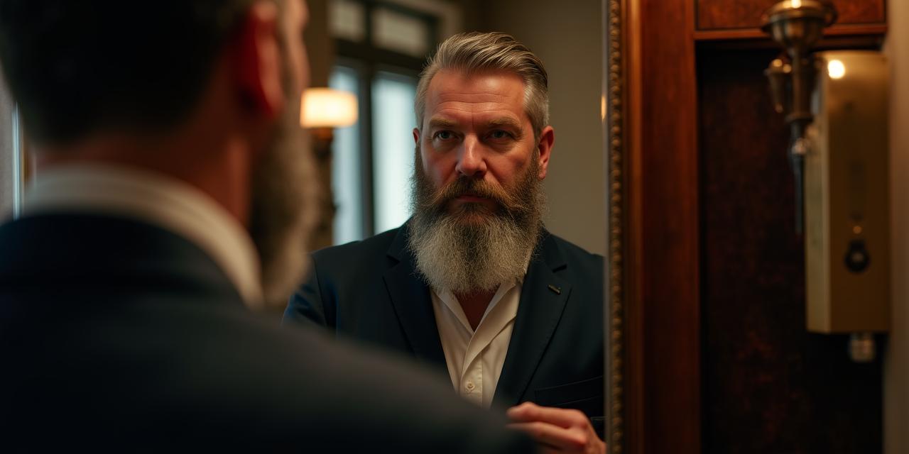 Hombre elegante retocando su barba en un espejo clásico